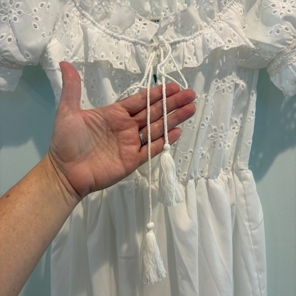 Off-Shoulder White Midi Dress with Eyelet Trim - Picture 8 of 16